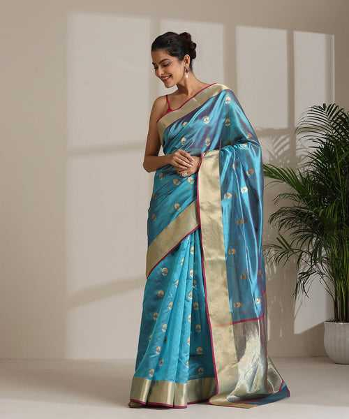 Steel Blue Handloom Pure Chanderi Silk Saree With All Over Booti And Nakshi Border