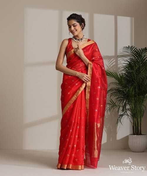 Handloom Red Pure Chanderi Silk Saree With Sona Rupa Booti And Tissue Border