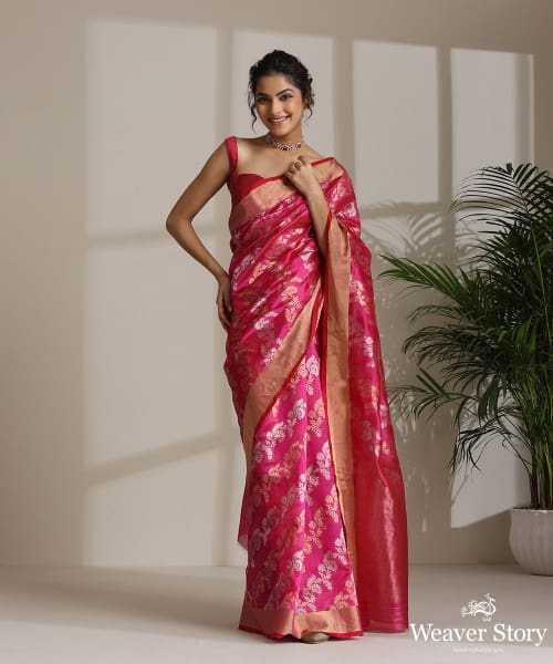 Rani Pink Handloom Pure Chanderi Silk Saree With All Over Sona Rupa Meena Jaal And Tissue Border