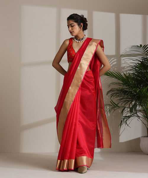 Handloom Indian Red Plain Pure Chanderi Silk Saree With Zigzag Nakshi Border