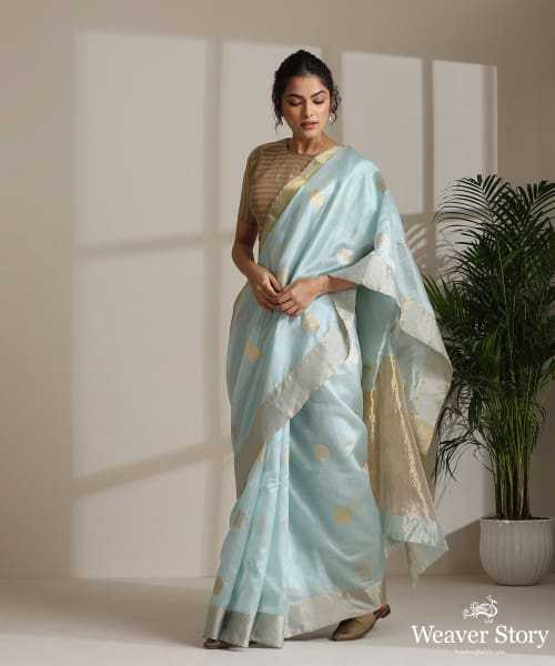 Handloom Pastel Sky Blue Pure Chanderi Silk Saree With Gold And Meena  Booti