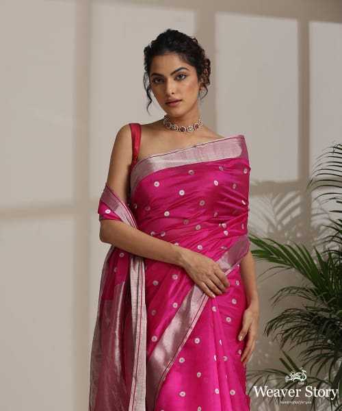 Handloom Rani Pink Pure Chanderi Silk Saree With Silver Round Zari And Meena Booti And Border