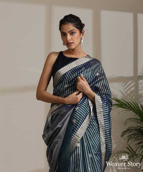 Handloom Teal Double Shade Silver Striped Pure Chanderi Silk Saree With All Over Flower Booti