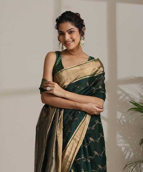 Bottle Green Handloom Pure Silk Chanderi Saree With Birds On Branches