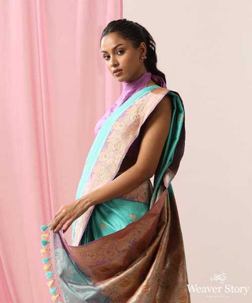 Aqua Green Handloom Pure Katan Silk Banarasi Saree With Violet Border And Kadhwa Booti