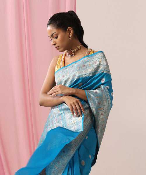 Handloom Turquoise Blue Pure Katan Silk Banarasi Saree With Meenakari And Kadhwa Boota