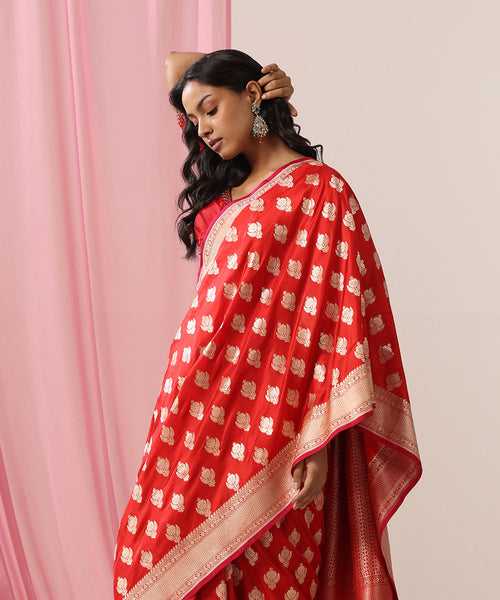 Red Handloom Pure Katan Silk Banarasi Saree With Cutwork Zari Booti