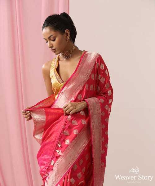 Pink Handloom Pure Katan Silk Banarasi Saree With Cutwork Zari Booti
