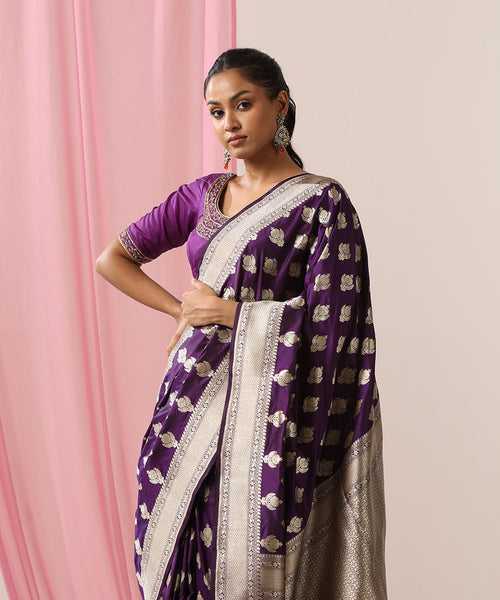 Purple Handloom Pure Katan Silk Banarasi Saree With Cutwork Zari Booti