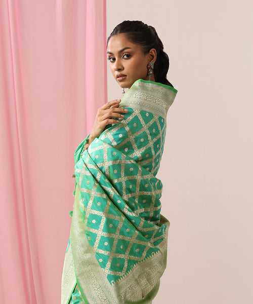 Aqua Green Handloom Pure Katan Silk Banarasi Saree With Chowkadi Jaal