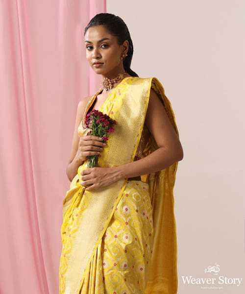 Yellow Handloom Pure Katan Silk Banarasi Saree With Red Meenakari