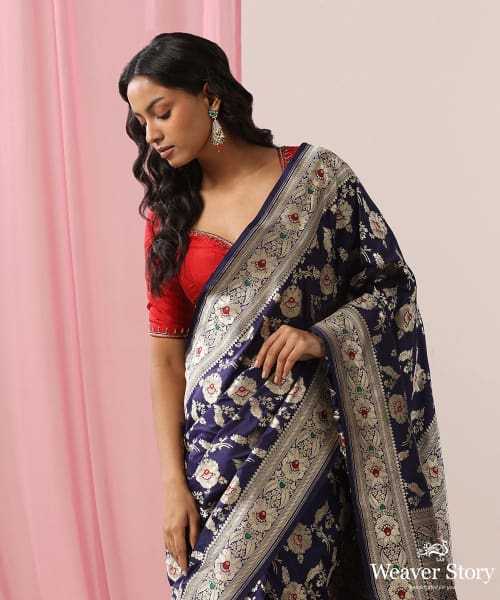 Handloom Ink Blue Pure Katan Silk Banarasi Saree With Pink And Green Meenakari Floral Jaal