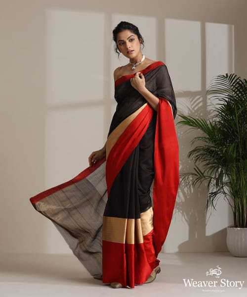 Black Handloom Plain Pure Chanderi Silk Saree With Red Border
