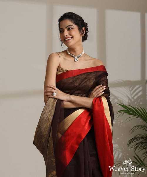 Brown Handloom Plain Pure Cotton Chanderi Saree With Red Border