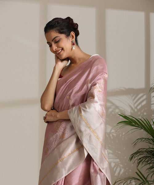 Handloom Soft Pink Pure Chanderi Silk Saree With Broad Silver Zari Border
