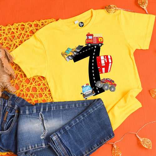 7th Birthday T-Shirt for Kids | Police Car Fire Truck Double Decker Bus Theme