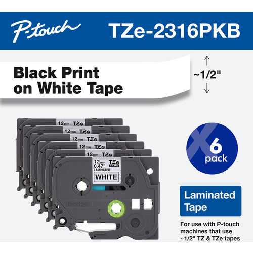 Brother TZe231 Laminated Tape for P-Touch Labelers (Black on White, 1/2" x 26.2', 6-Pack)