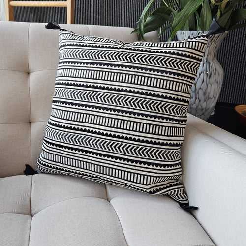 Black Geometric Embroidery on Natural Cotton Linen Pillow Cover