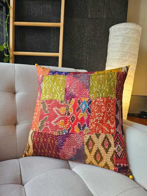 Bright Vintage Sari Kantha Patchwork Cushion Cover, 45 x 45 cm
