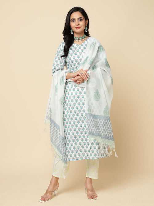 Floral Printed Cotton Kurta With Pants & Dupatta