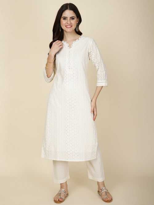 Thread Embroidery Cotton Kurta With Pants