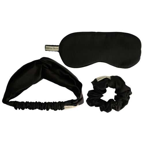 Mulberry Silk Knotted Headband (Black) + Coordinating Ruffled Silk Scrunchie + Eye Mask - (Pack Of 3)