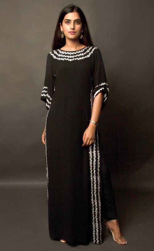 Black Embroidered Silk Georgette Kaftan