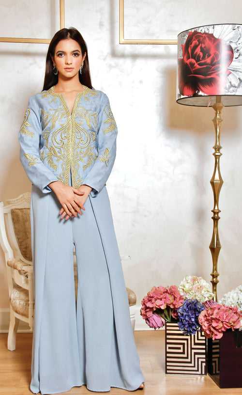Blue Grey Embroidered Jacket With Palazzos