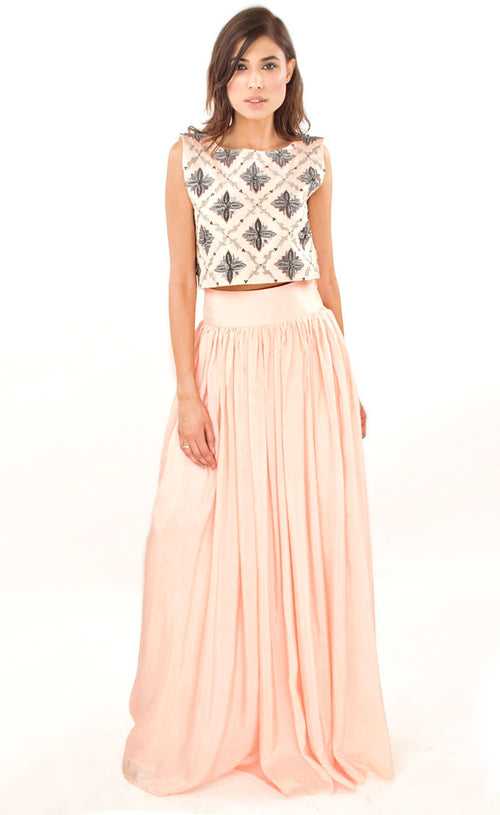 Blush Pink Embroidered Cropped Top With Pocket Skirt Set