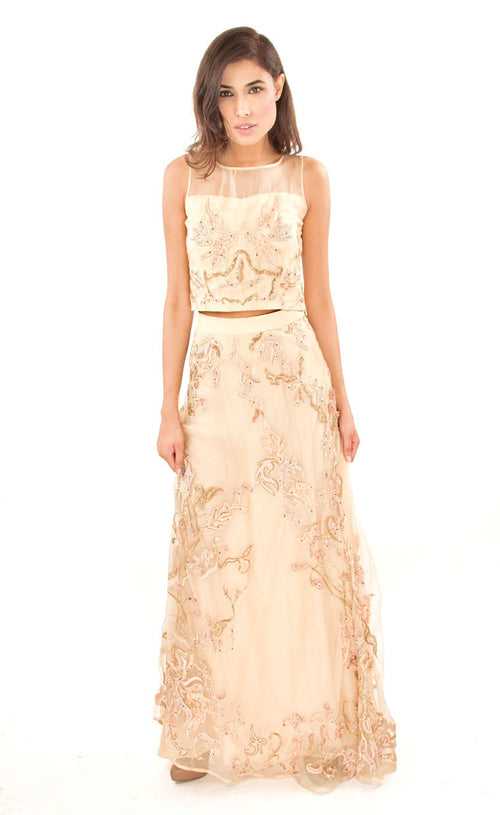 Champagne Fully Embroidered Cropped Top With Skirt Set