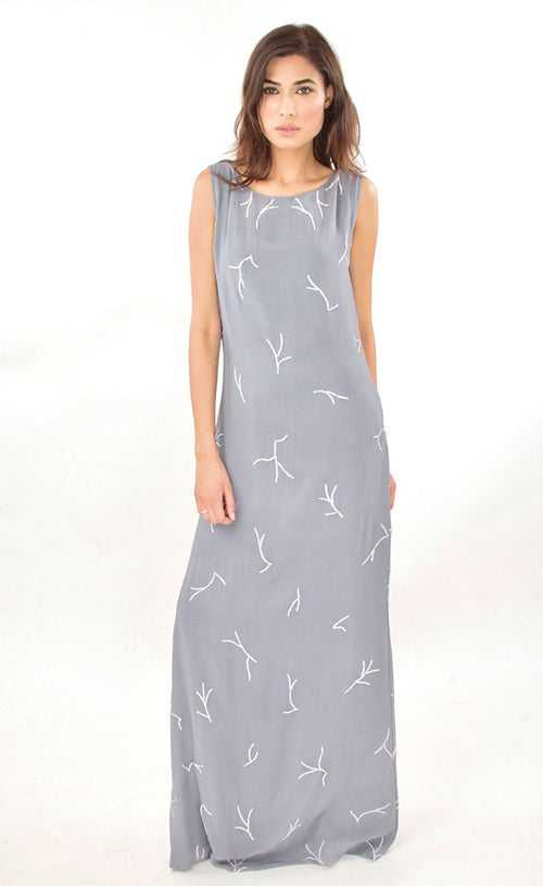 Grey Embroidered Floor Length Dress