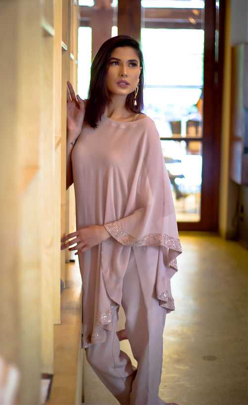 Hazelnut Side Cape Dress with Trousers