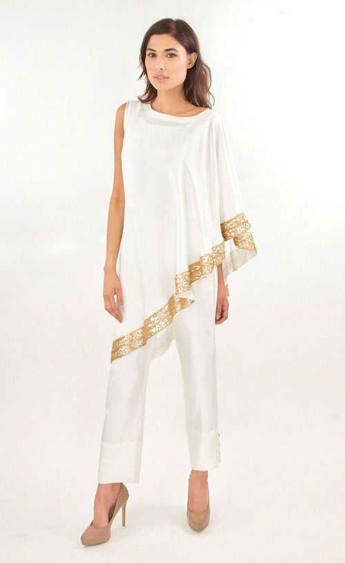 Ivory Silk Cape Dress with Trousers
