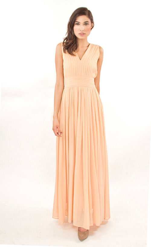 Nude Pin-Tucked Gown Dress