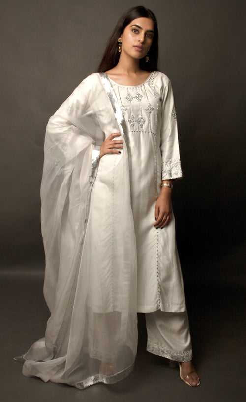 Powder Grey Embroidered Suit Set with Palazzos