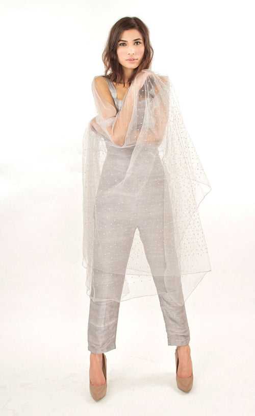Powder Grey Jumpsuit With Fully Sequinned Wrap / Dupatta