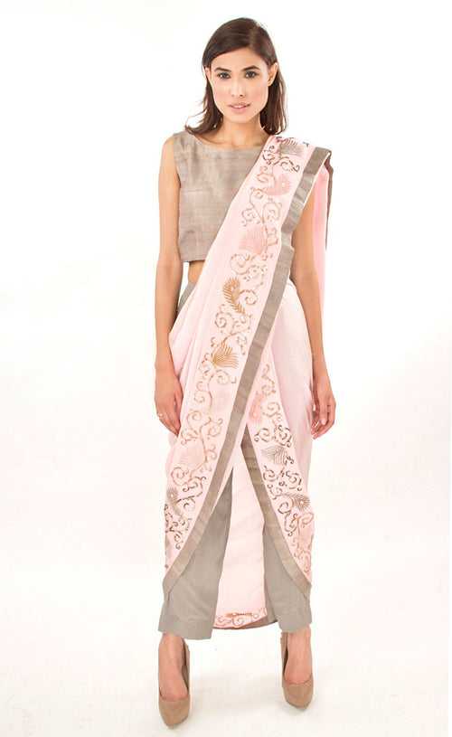Rose Pink Ready To Wear Dhoti Sari Drape With Trousers