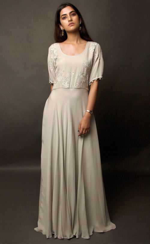 Steel Grey Flared Gown with Embroidered Yoke