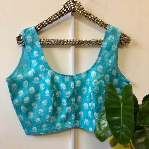 Gulshan Sleeveless Blouse - Turquoise Blue/White