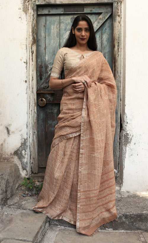 Sand Brown Hand Block Printed Handloom Linen Geometry 1 Saree