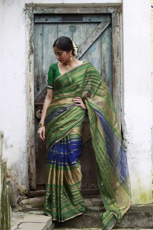 QoH Maheshwari Khushi Saree - Blue/Green