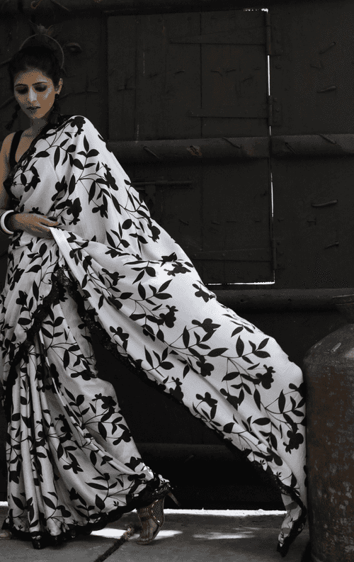 'Ivory Dreams' Printed Statement Scalloped Sequin Border Saree : Printed Light Cocktail Saree Collection
