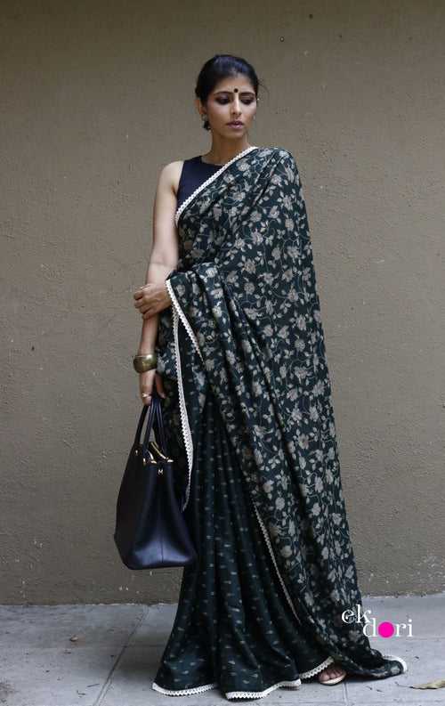 Buy Floral Soft Cotton Saree Online : 'Monsoon Greens' Soft Cotton Saree With Crochet Lace Edges.