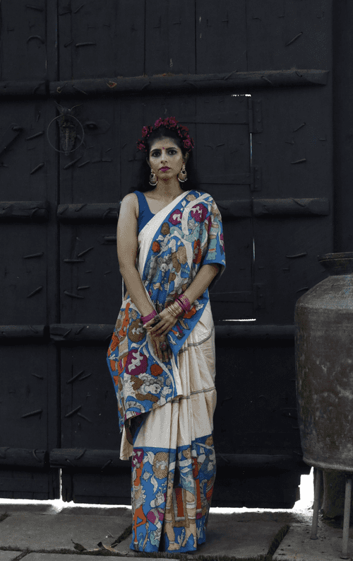 Raas Leela Pen Kalamkari Silk Saree : Festive Pure Silk Pen Kalamkari Saree