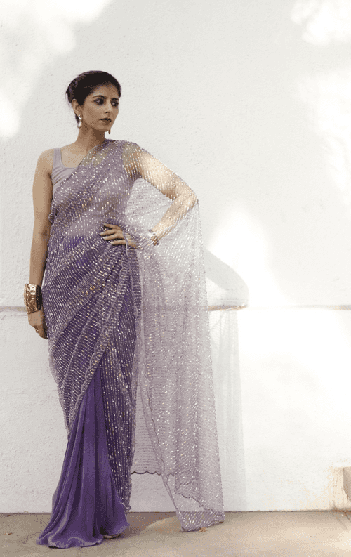 'Purple Beads' Statement Sequin Saree : Bling It On Festive Cocktail Saree Collection