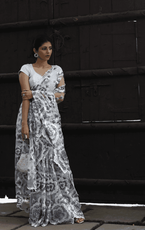 White Floral Sequin Saree : 'Winter Garden' Sequin Cocktail Saree : Sequin Bollywood Saree