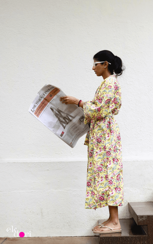 Sunshine Waffle Block Printed Bath Robe