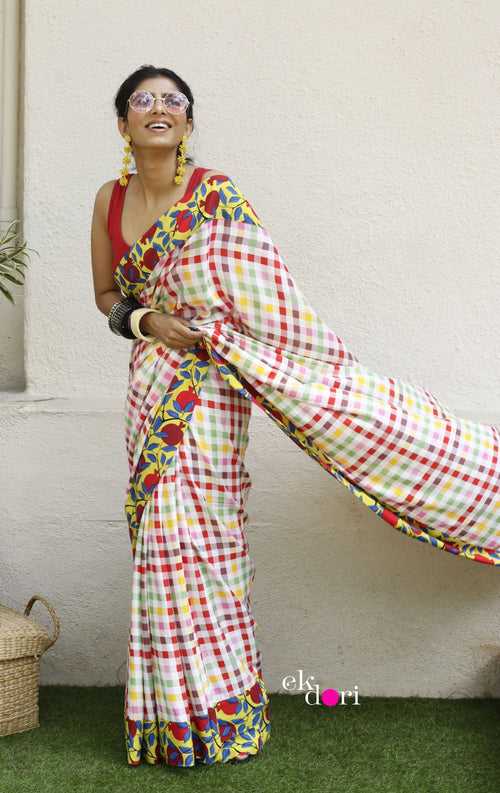 Checkmate Saree In Yellow : Fun Under The Sun Saree Collection : Fun Printed Sarees For Summer