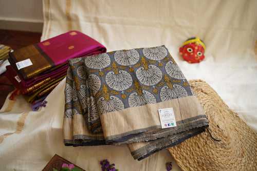 Grey Tussar Silk Saree with digital printing PC1291