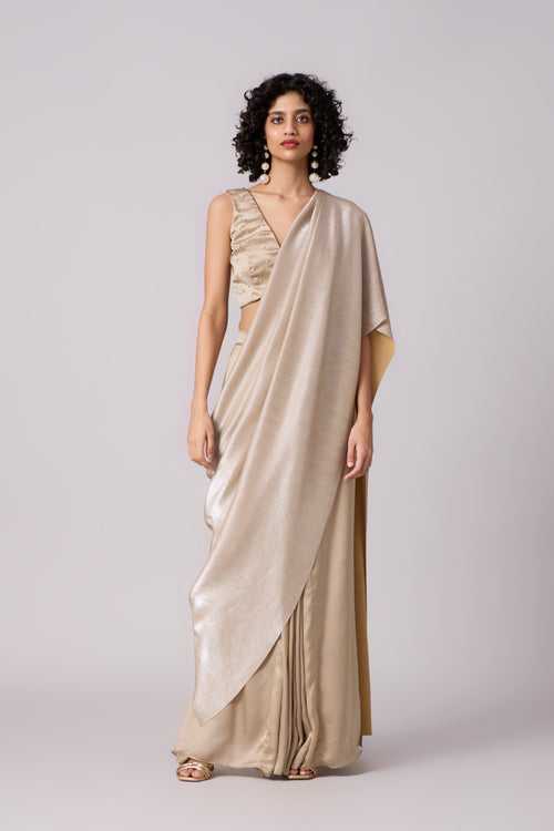 Ahilya Saree with blouse - Champagne + Silver Ash